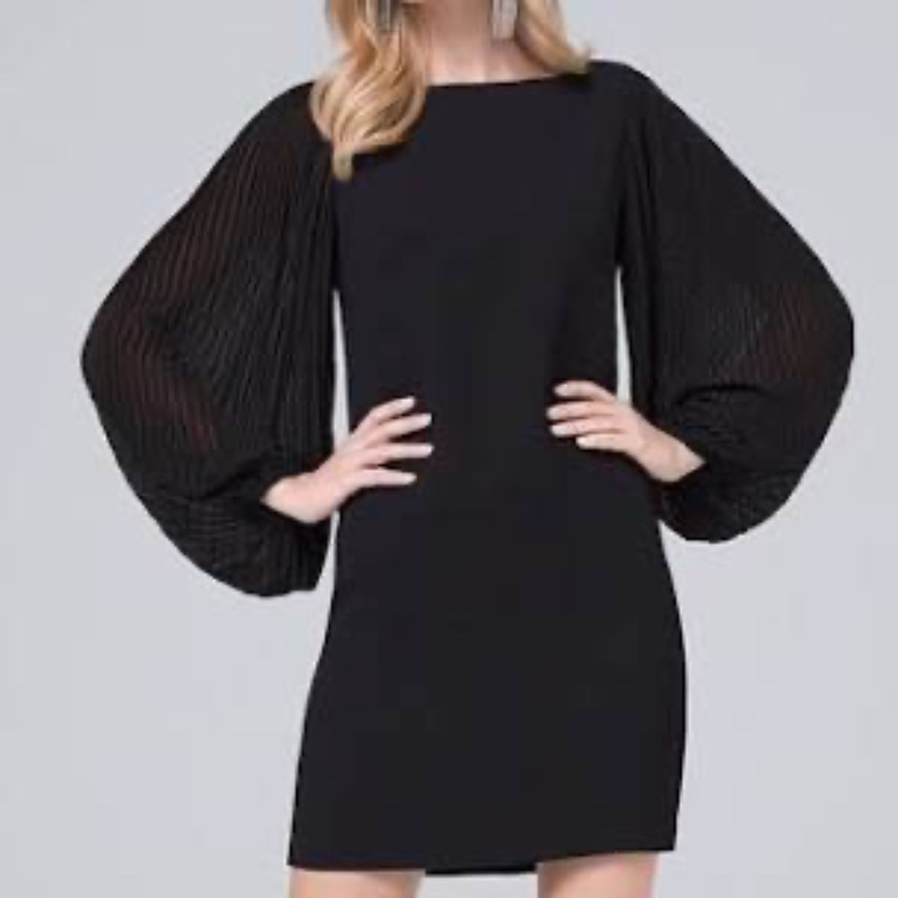 NWT White House Black Market Black Chiffon Pleated Long Sleeve Dress ~ SZ 6